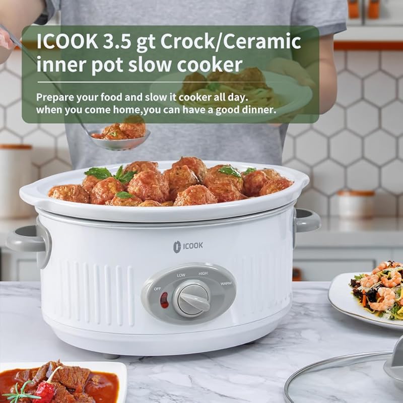 ICOOK 3.5 Quart Slow Cooker: Dishwasher Safe Ceramic Pot, Glass Lid, O