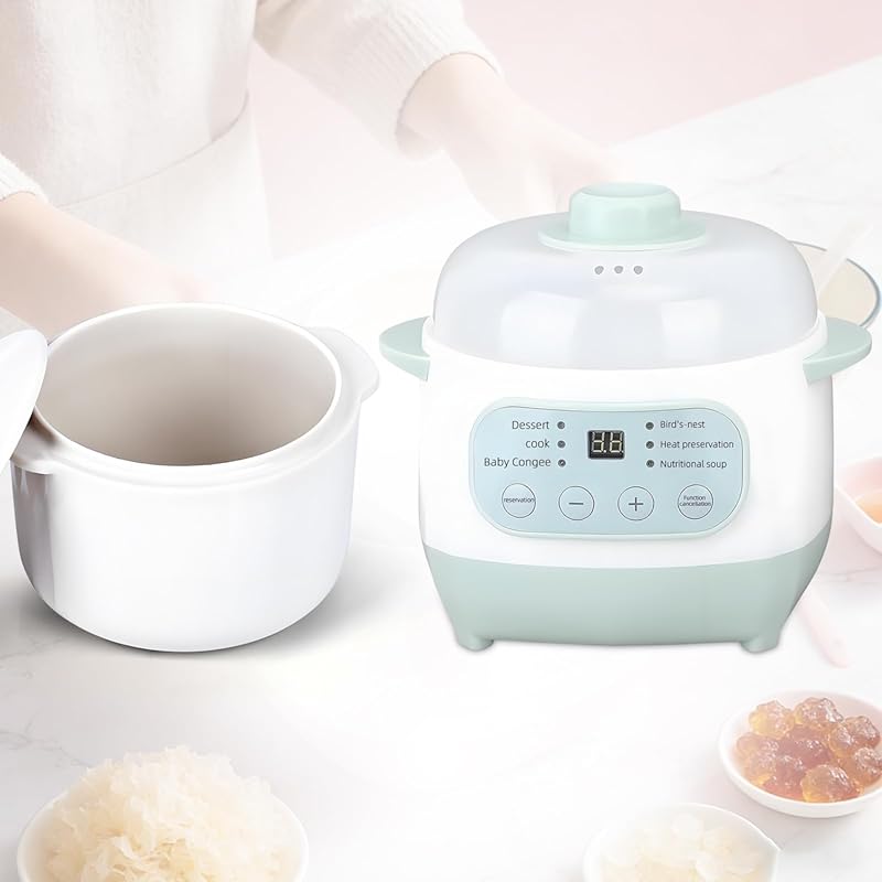 1L Smart Ceramic Mini Slow Cooker with Steamer, Timer, and Auto Keep-W